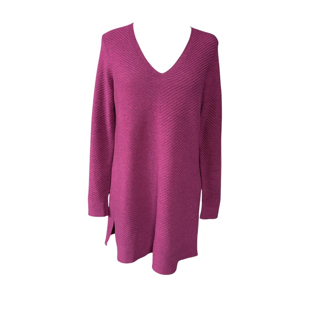 Eileen Fisher Sweater Womens XS Purple Merino Wool Tunic V Neck Long Sleeve Knit